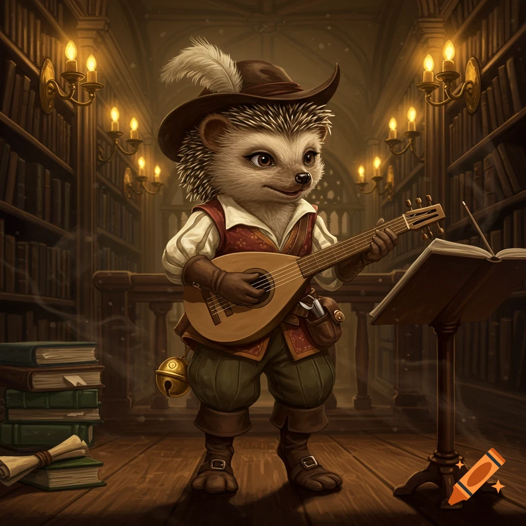 A charming anthropomorphic hedgehog bard, dressed in a feathered hat and vest, plays a lute in a richly detailed, candlelit library.