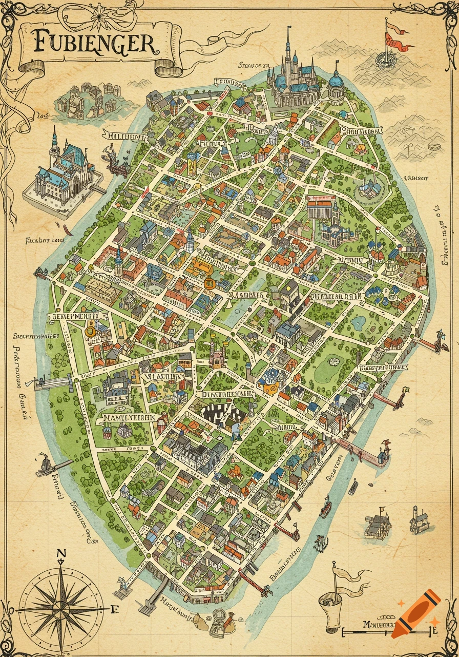 An antique-style fantasy map of the fictitious city of Fubienger, showing detailed streets, buildings, a river, and surrounding landscapes.