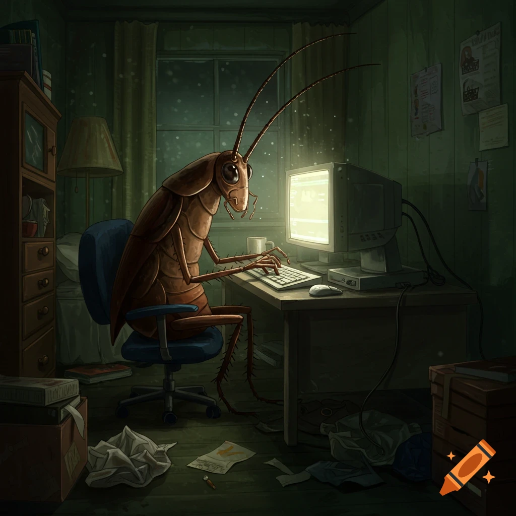 A large, anthropomorphic cockroach sits at a desk in a dark, messy room, typing on an old computer with a glowing screen.