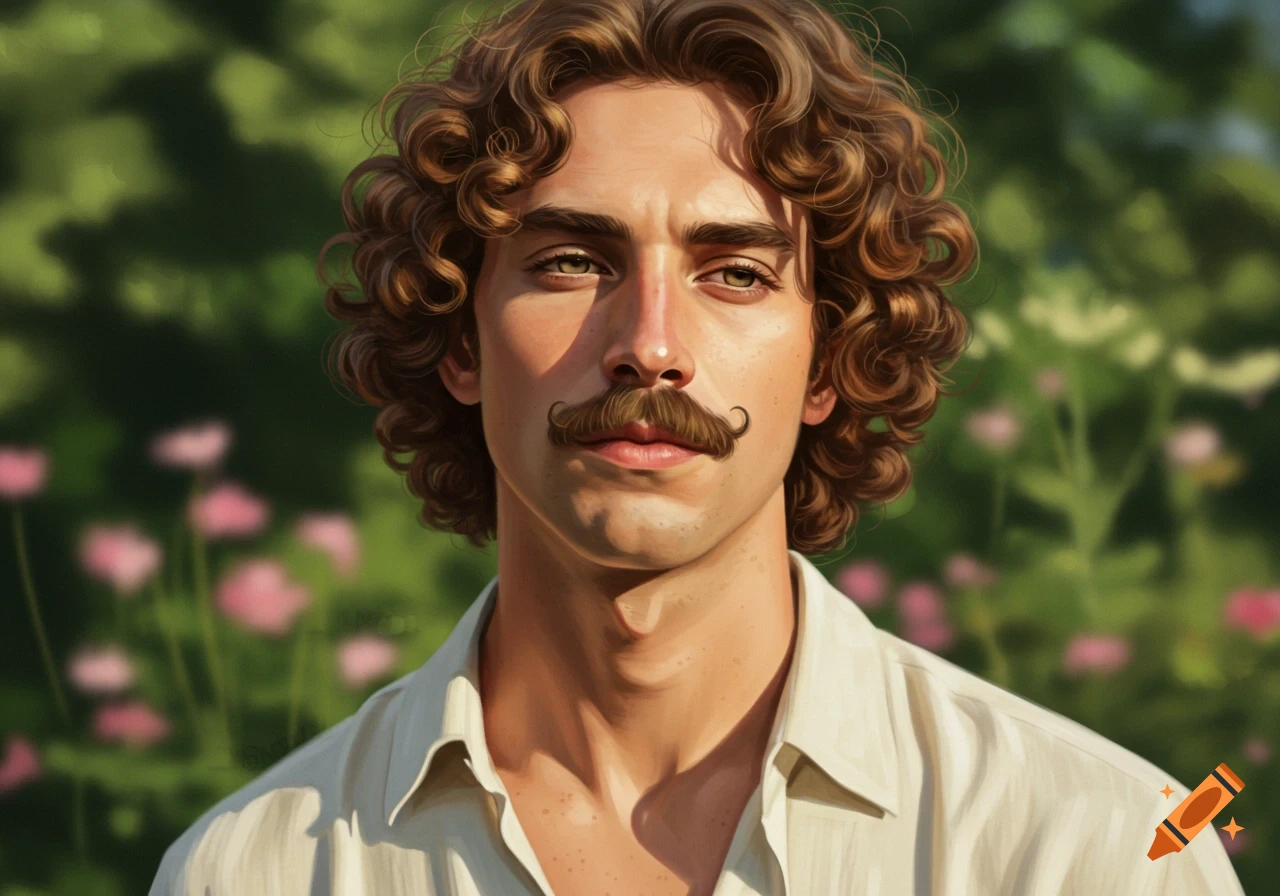 Digital painting of a man with curly brown hair and a handlebar mustache, looking forward, against a blurred green and pink outdoor background.