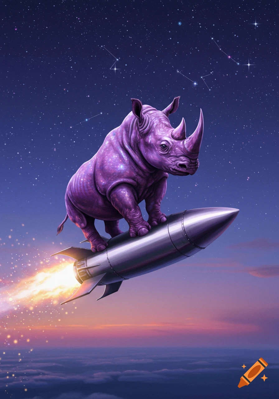 A sparkling purple rhino stands on a silver rocket soaring through a starry night sky above clouds, in a fantasy illustration.