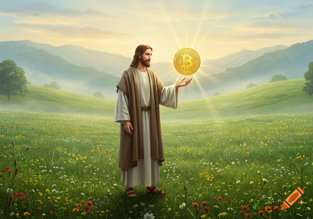 Jesus Christ standing in a vibrant flower field, holding a glowing golden Bitcoin coin in his outstretched hand, with mountains in the background.