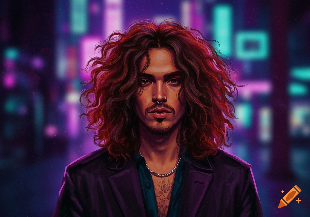 An illustrated portrait of a man with long curly reddish-brown hair, a nose ring, and a chain necklace, against a blurred background of neon lights.