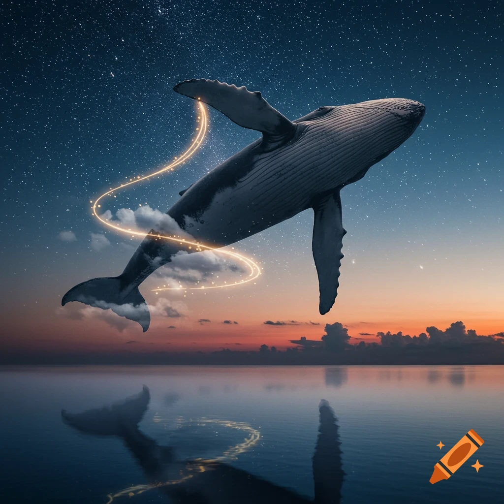 A majestic whale with glowing light trails flies through a starry night sky over a reflective ocean at sunset.