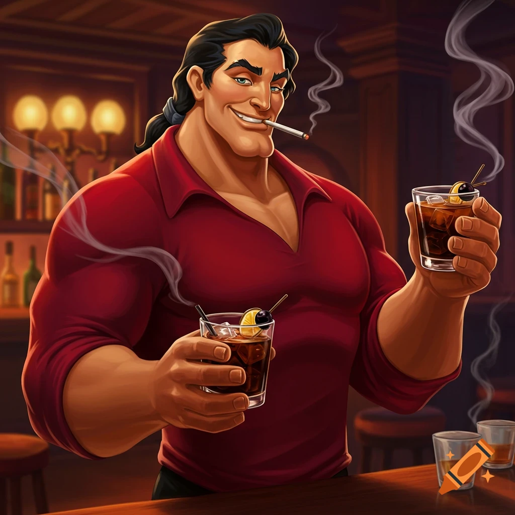 Cartoon Gaston smiles in a dimly lit bar, holding two cocktails and smoking a cigarette.