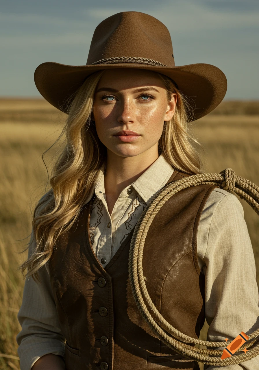 Photorealistic portrait of a blonde cowgirl in a brown hat and vest, holding a rope, in a golden field.