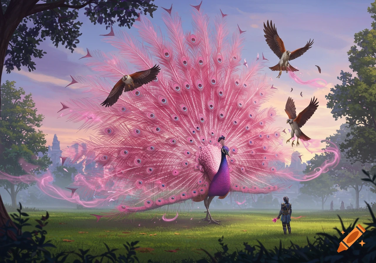 A gargantuan pink peacock with fanned feathers stands in a lush park, surrounded by flying hawks and a person. Ethereal fantasy illustration.