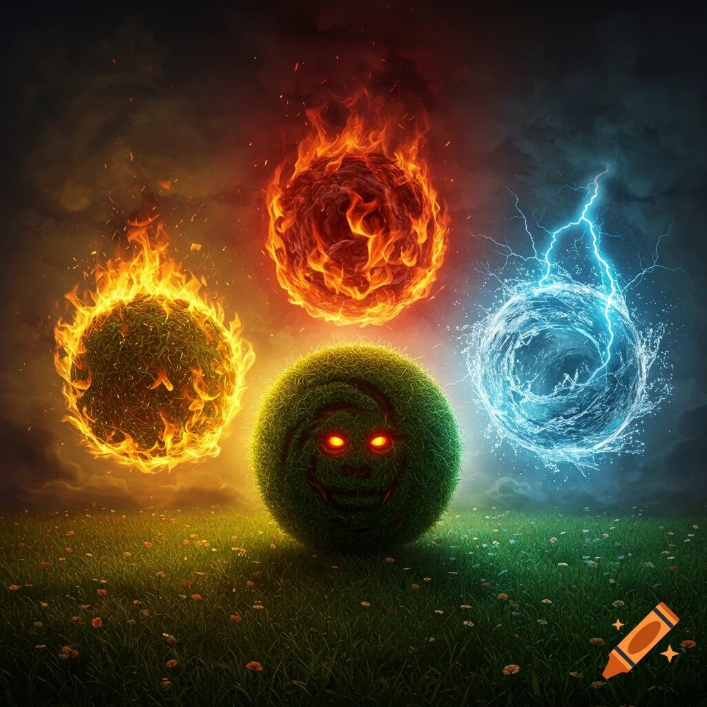 Digital art of four elemental orbs: fiery, glowing grass with eyes, and water with lightning, above a grassy field at dusk.