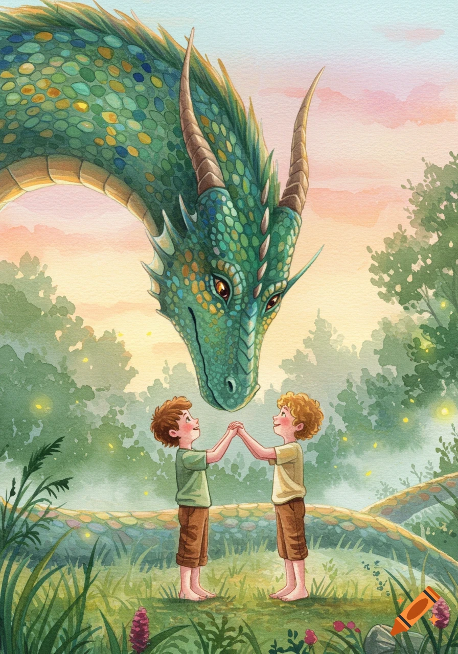Watercolor illustration of two boys holding hands, looking up at a large green dragon's head in a magical forest at sunset.
