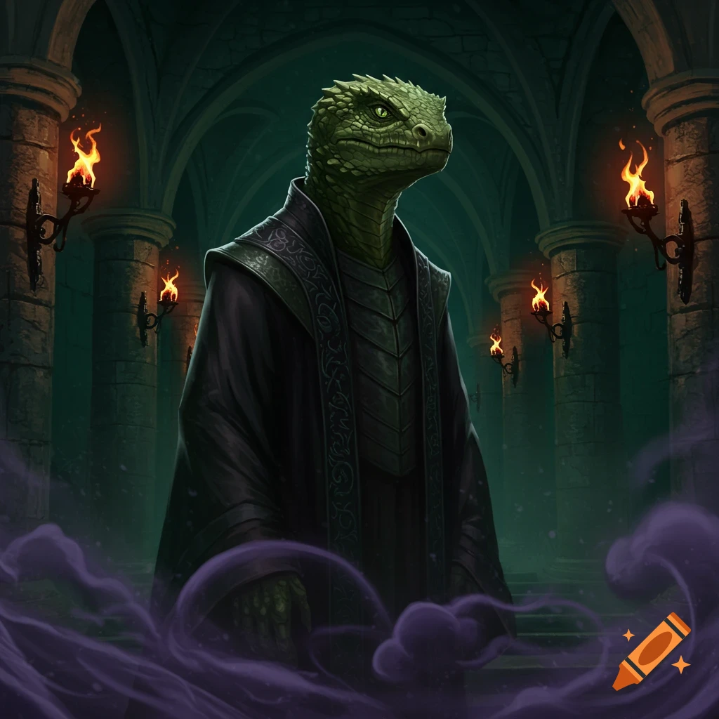 A green-scaled lizard-like man in dark robes stands in a torch-lit gothic hall with purple smoke.