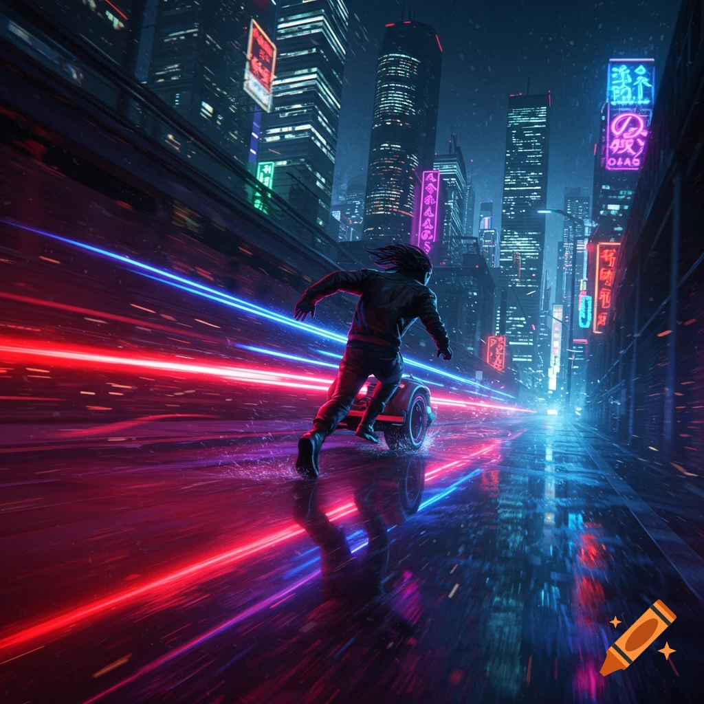 A person on a futuristic unicycle races through a neon-lit cyberpunk city street at night, leaving bright red and blue light trails.