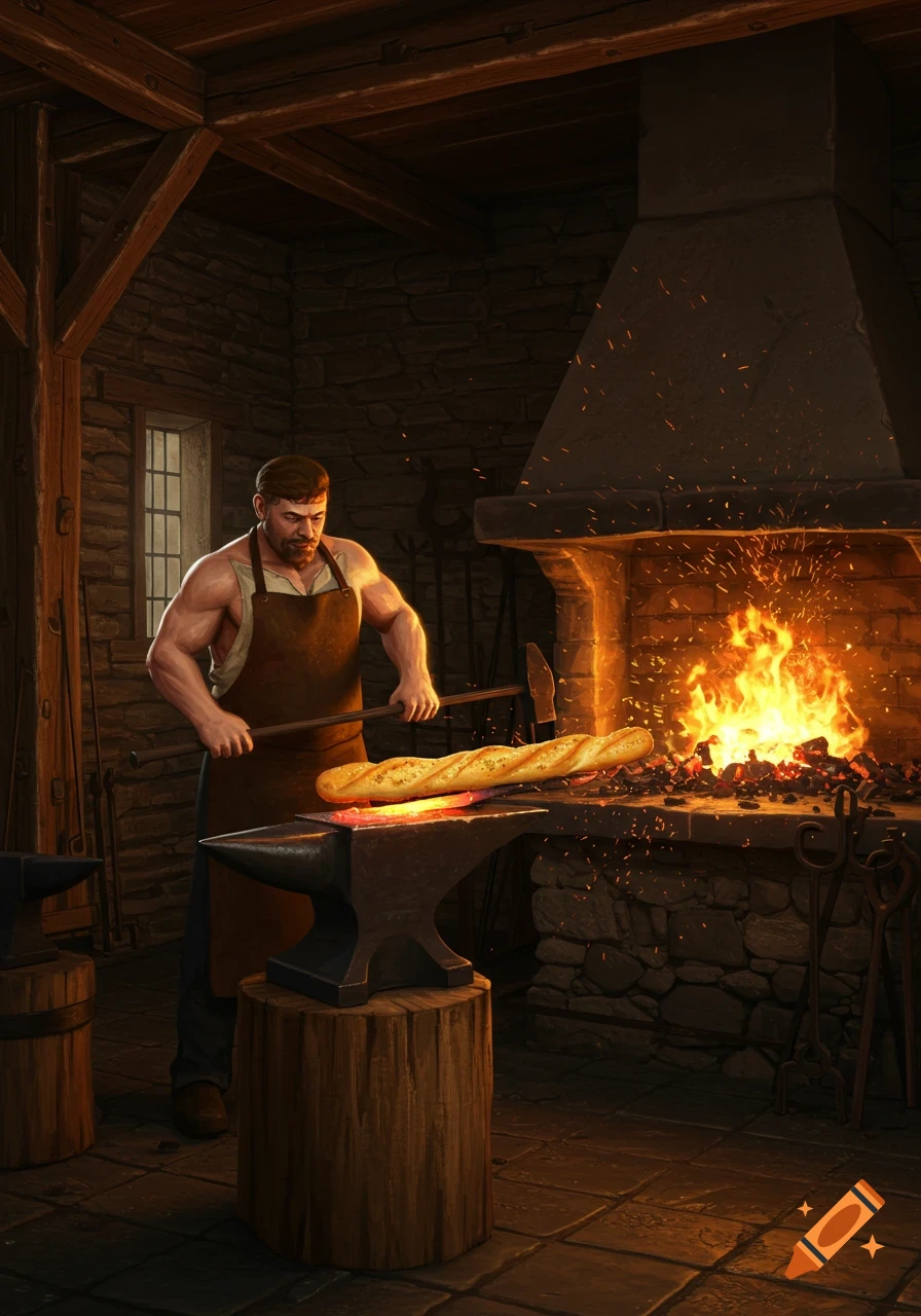 A muscular blacksmith in an apron hammers a long baguette on an anvil, illuminated by sparks from a fiery forge in a dark, stone workshop.