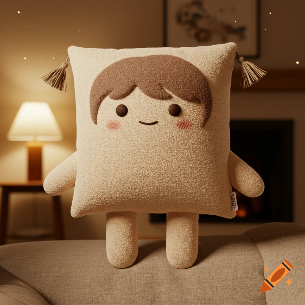 A cute beige square pillow character with brown hair and rosy cheeks sits on a couch in a cozy, warmly lit room, 3D render.