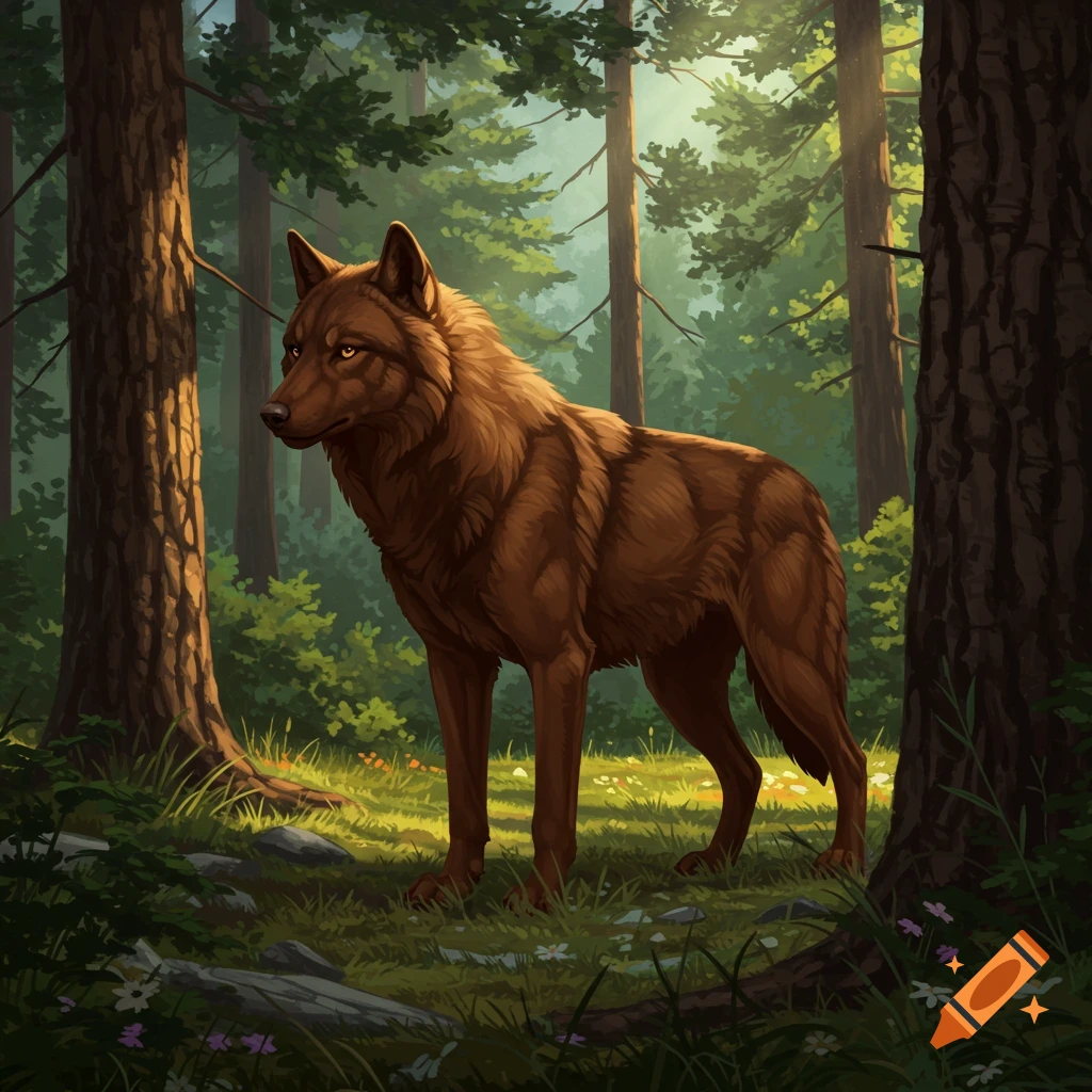 A solid brown wolf stands alertly in a sun-dappled forest clearing, rendered in a detailed digital painting style.