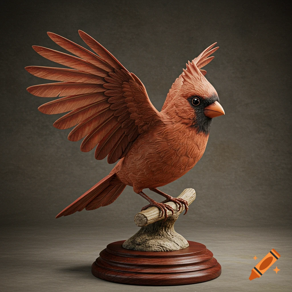 Realistic wooden cardinal bird sculpture with wings spread, perched on a branch on a dark background.