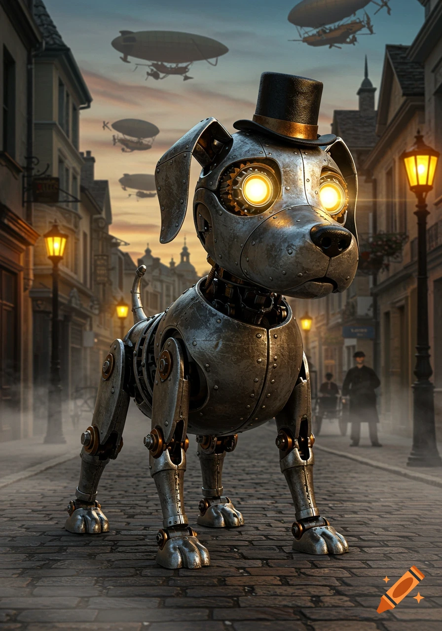 A detailed steampunk robot dog wearing a top hat stands on a cobblestone street with gas lamps and airships in the background.