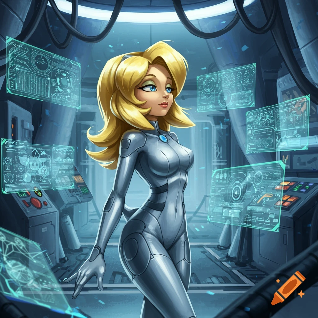 An anime-style blonde woman in a silver futuristic suit stands in a high-tech control room with holographic screens.