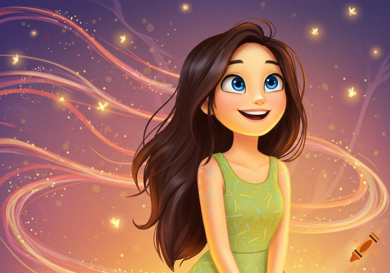 A cartoon girl with dark brown hair and bright blue eyes, wearing a green dress, smiles against a magical purple and orange background with glowing fireflies and swirling light.