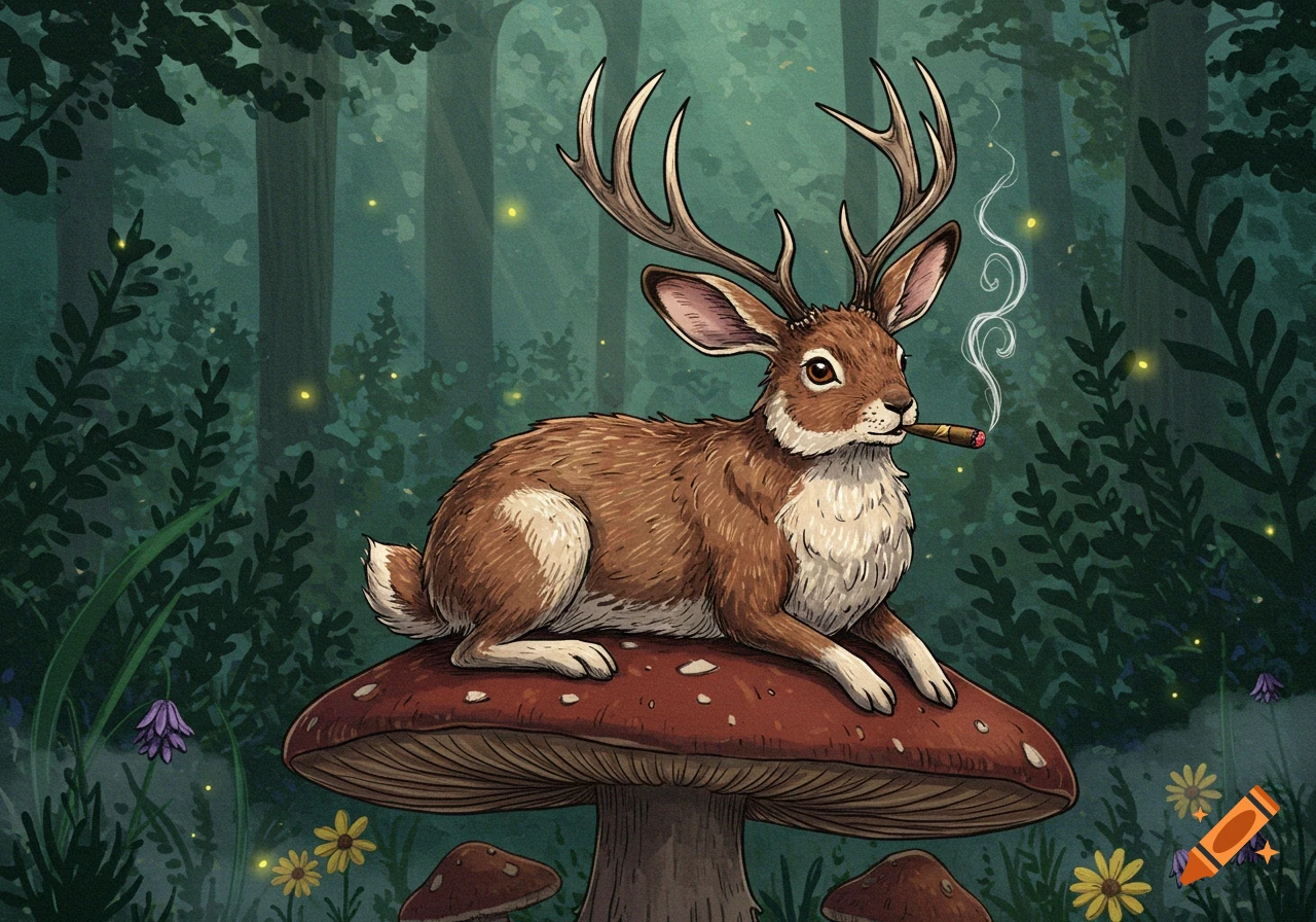 A whimsical illustration of a jackalope with large antlers sitting on a red mushroom and smoking a cigar in a mystical forest.