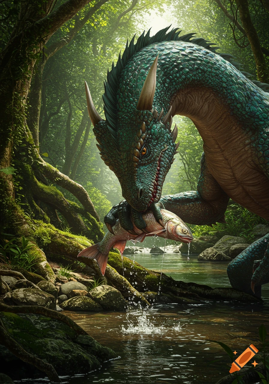 A photorealistic green dragon in a lush forest stands in a river, holding a fish in its claw.