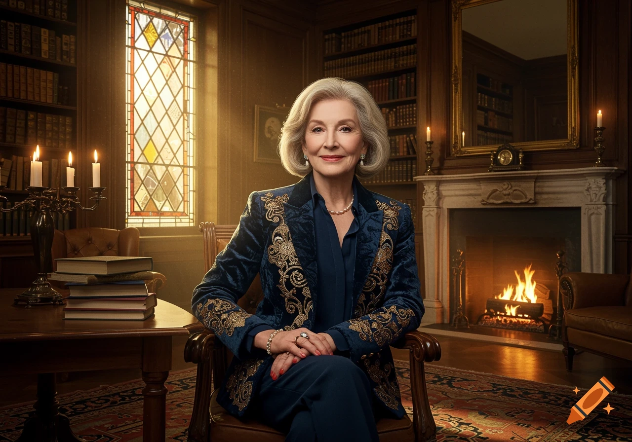 An elegant elderly woman with grey hair sits in a luxurious study with a fireplace and stained glass window.