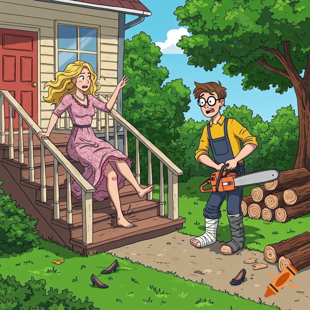 A cartoon woman with blonde hair falls down wooden house stairs, losing her shoes. A man with an injured leg and glasses holds a chainsaw near a stack of logs.