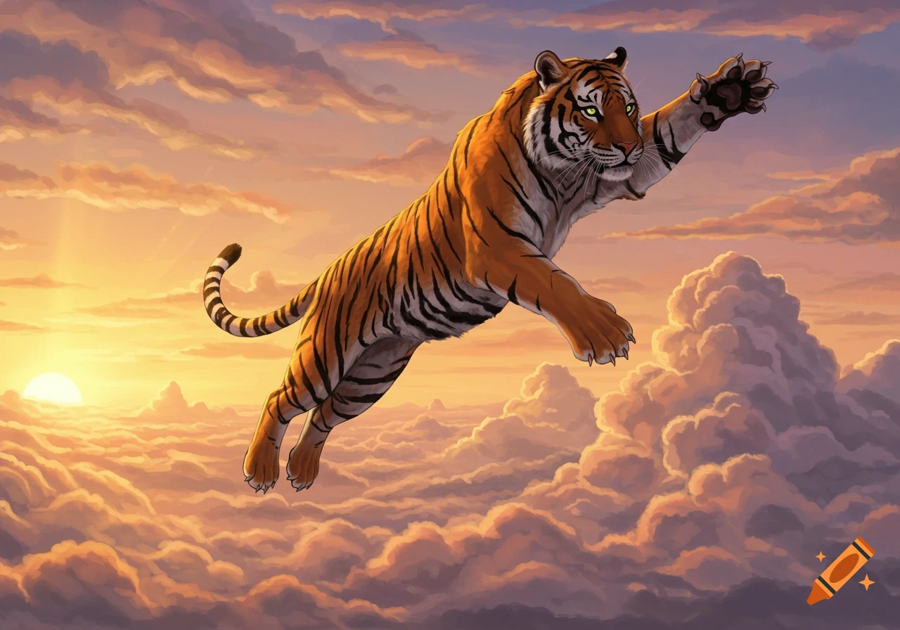 A majestic tiger with green eyes leaps through a vibrant sunset sky over clouds, in a digital art style.