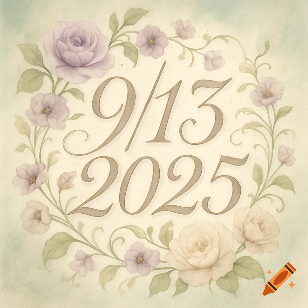 A soft watercolor illustration of the date "9/13 2025" in a decorative font, encircled by a wreath of purple and cream roses with green leaves.