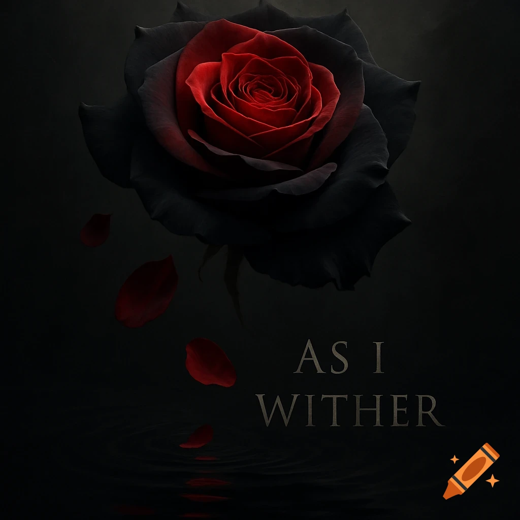 A dark, photorealistic rose with a red center and black petals, with falling red petals and a subtle water reflection. Text reads 'AS I WITHER'.