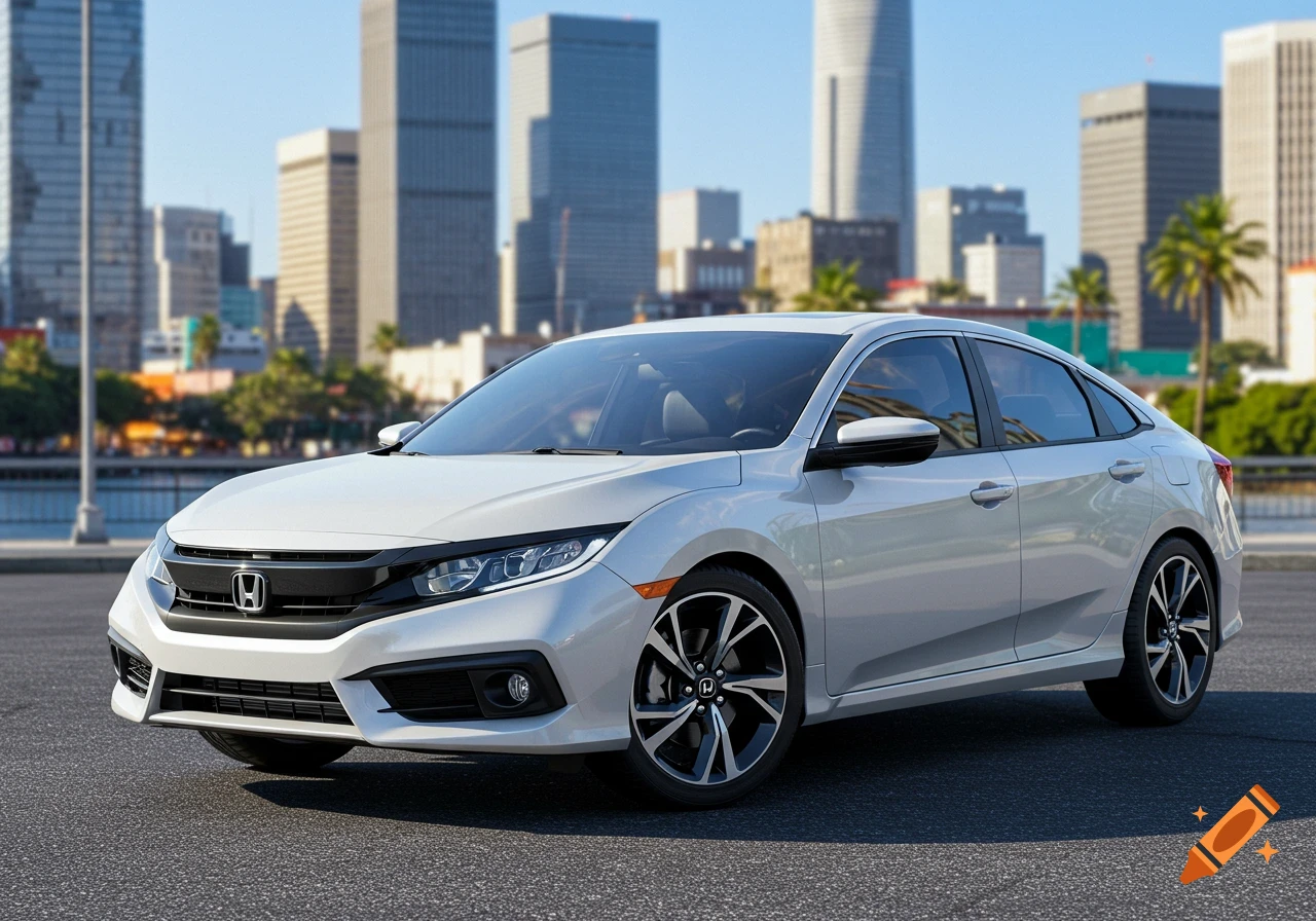 Photorealistic white Honda sedan parked on asphalt with a blurred city skyline background.