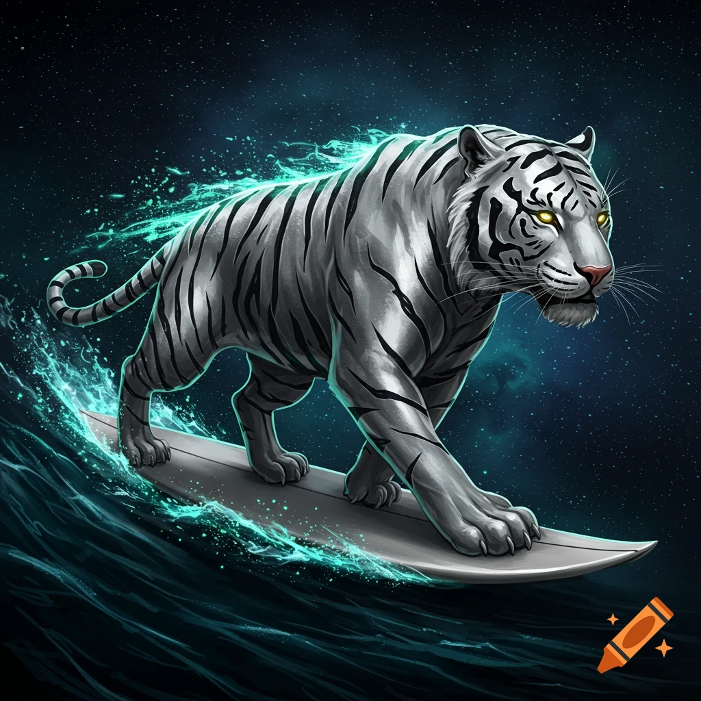 A stylized white tiger with black stripes and glowing yellow eyes surfs on a surfboard through dark, cosmic water with teal splashes.