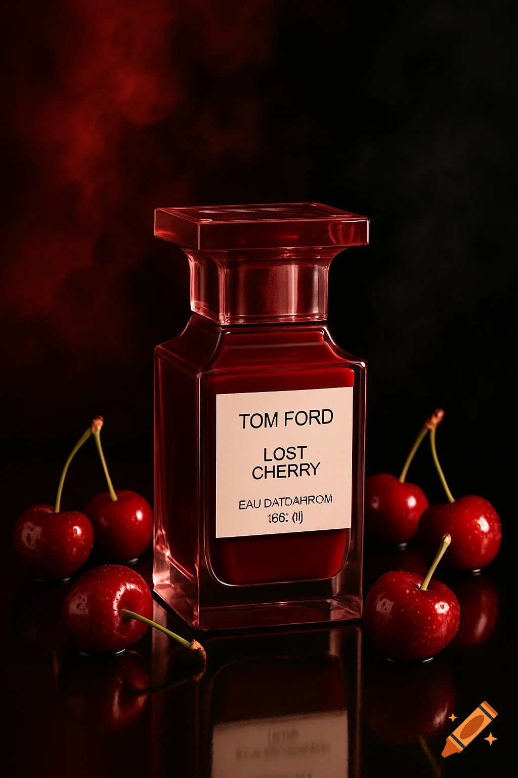 A red Tom Ford Lost Cherry perfume bottle stands on a glossy surface, surrounded by fresh red cherries with water droplets, against a dramatic red and black smoky background in a photorealistic style.