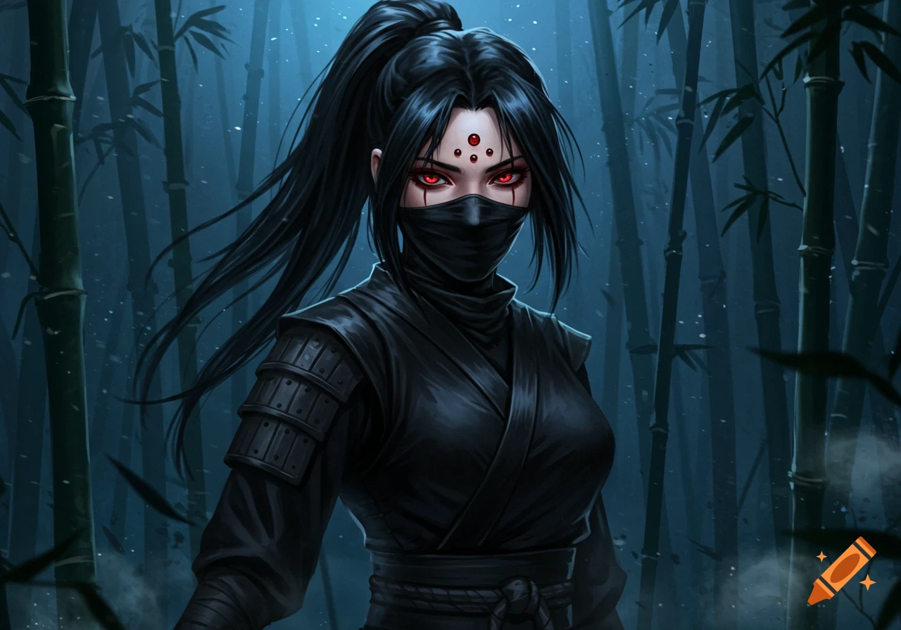 A fierce female ninja in black, with a mask, red eyes, and red marks on her forehead, stands in a dark bamboo forest. Digital painting.