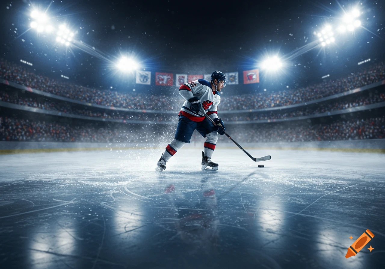 Photorealistic image of a hockey player on a breakaway, skating across a brightly lit ice rink in a crowded arena.