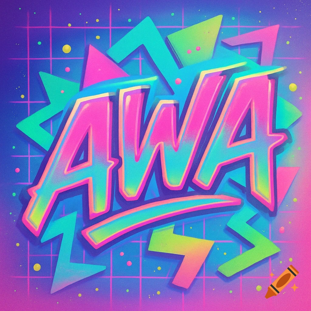 Bright neon AWA logo in a retro 90s style with a grid background and abstract geometric shapes.