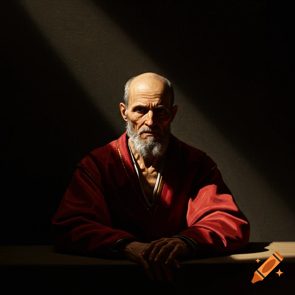 A dramatic painting of an old, bearded man in a red robe, lit by a strong diagonal light beam in Caravaggio style.
