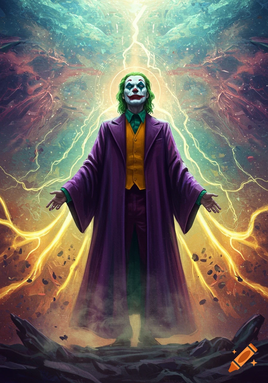 The Joker in a purple coat and green hair stands with outstretched arms, surrounded by yellow lightning and cosmic energy, in a stylized digital painting.
