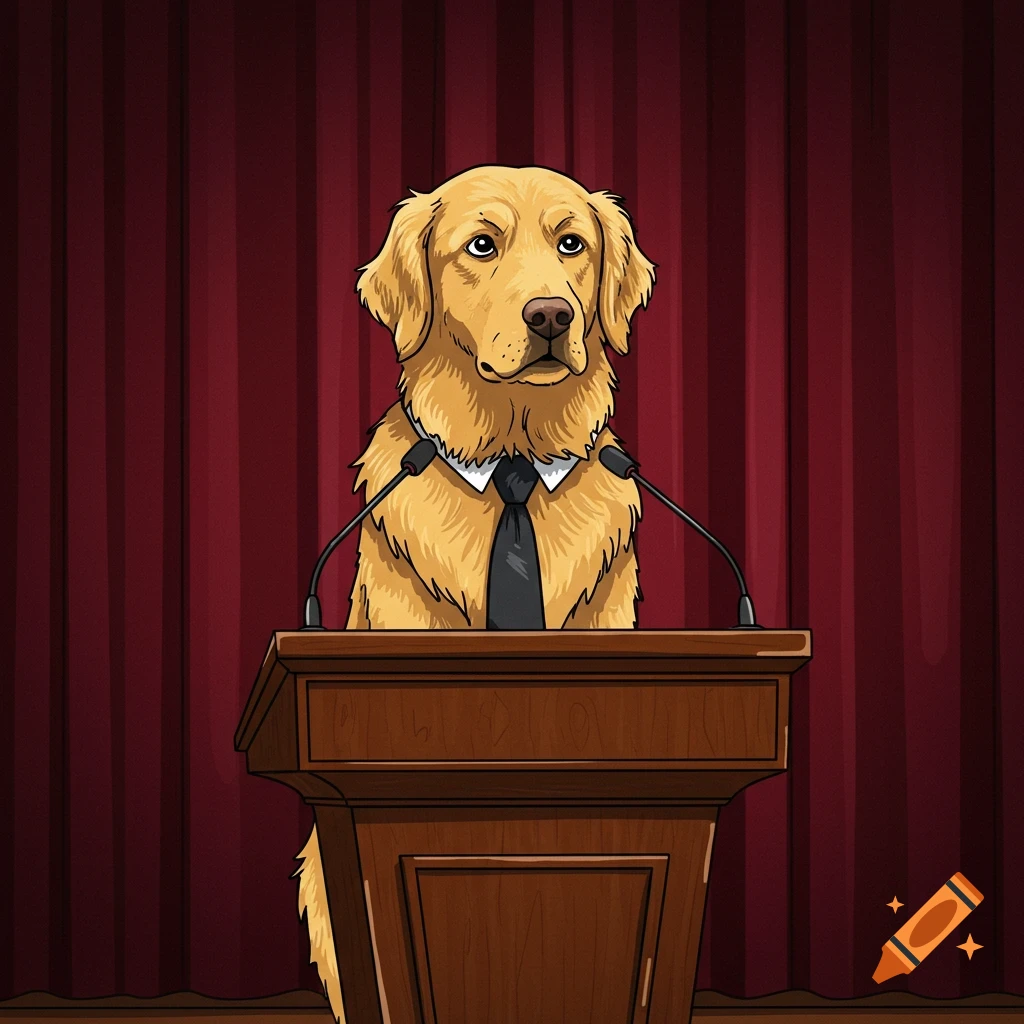 Cartoon golden retriever in a suit and tie standing at a wooden podium with two microphones, against red curtains.