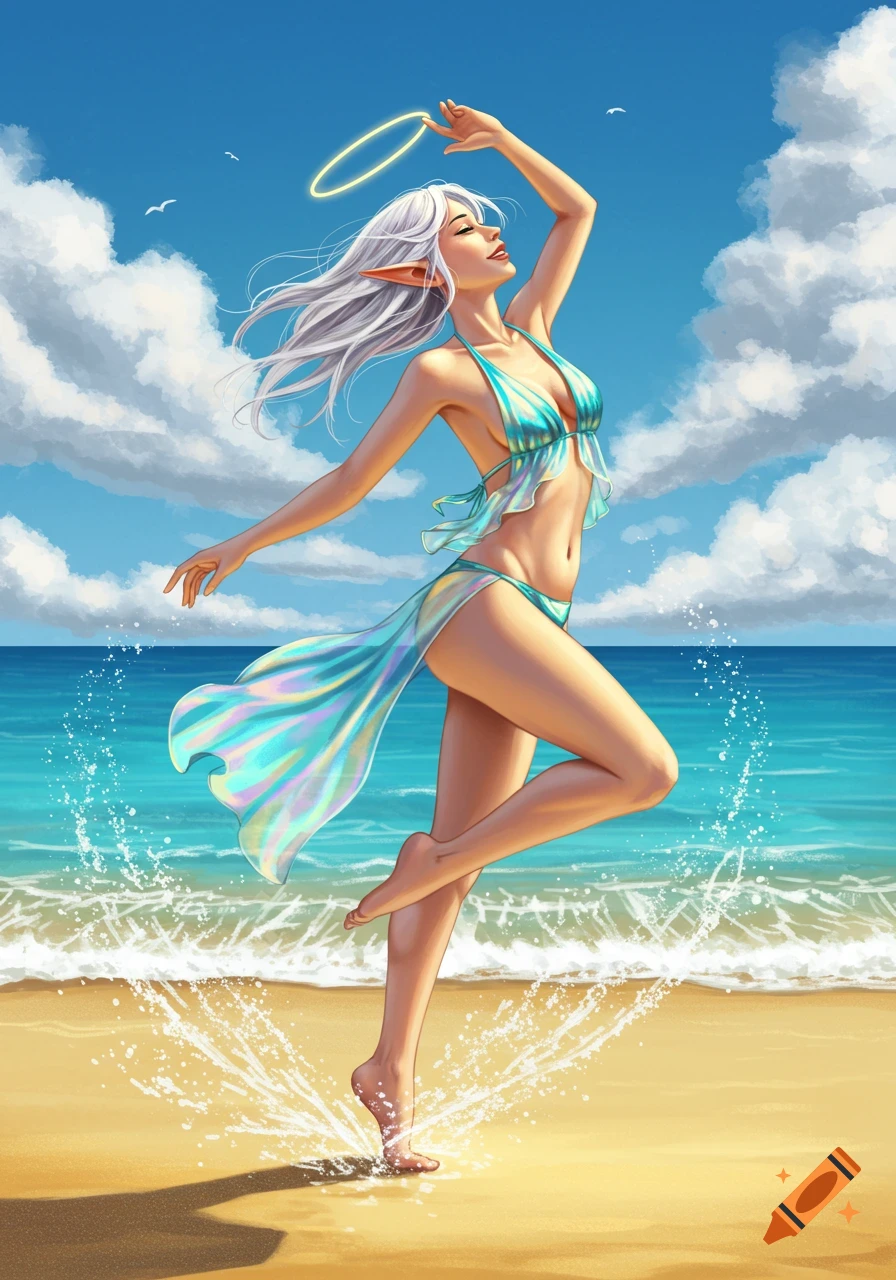 Illustrated elf woman with white hair and pointed ears dancing playfully in a blue bikini on a sunny beach, splashing water.