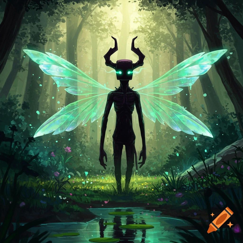 A dark, slender creature with glowing green eyes and iridescent wings stands in a magical, misty forest.