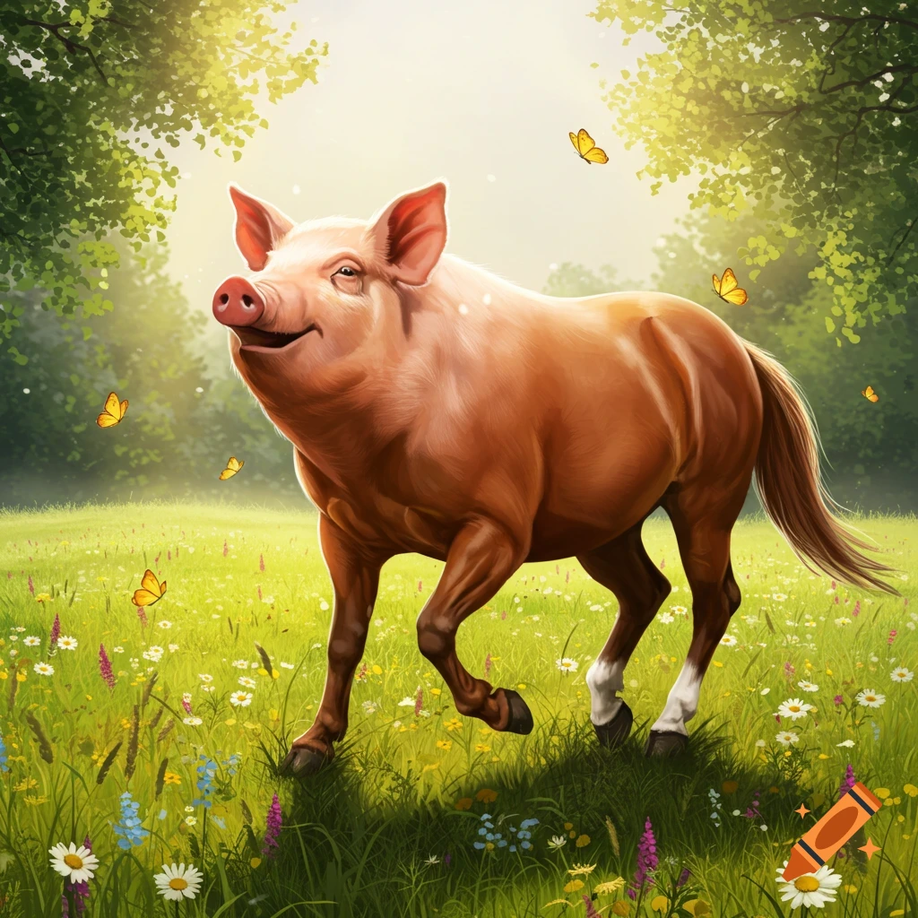 A happy pig with a horse's body and legs runs through a sunny, flower-filled meadow with butterflies.