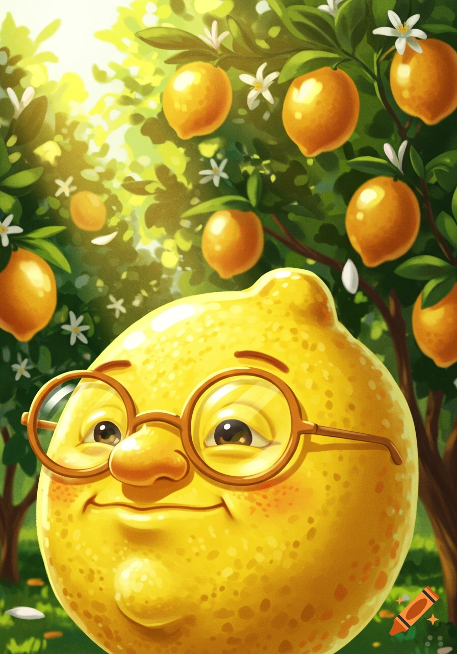 A friendly, cartoon lemon character with a smiling face and rosy cheeks, wearing circular glasses, in a vibrant lemon tree grove with white flowers.