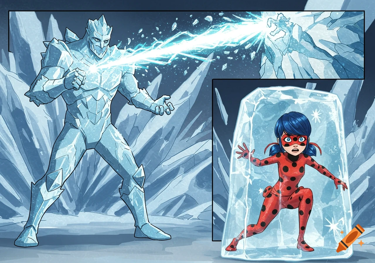 Comic book panel of an ice villain firing a laser at Ladybug, who is frozen in a block of ice.
