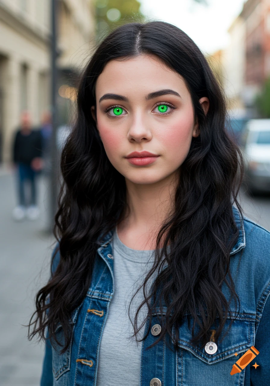 Photorealistic portrait of a young woman with long dark wavy hair and vivid green eyes, wearing a denim jacket, on a city street.