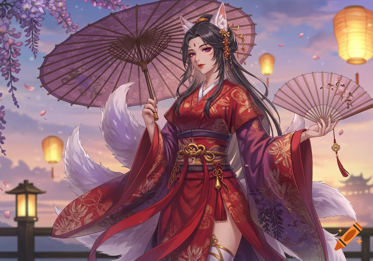 Anime kitsune woman in a red kimono with wisteria patterns, holding an umbrella and fan, under wisteria blossoms and lanterns at dusk.