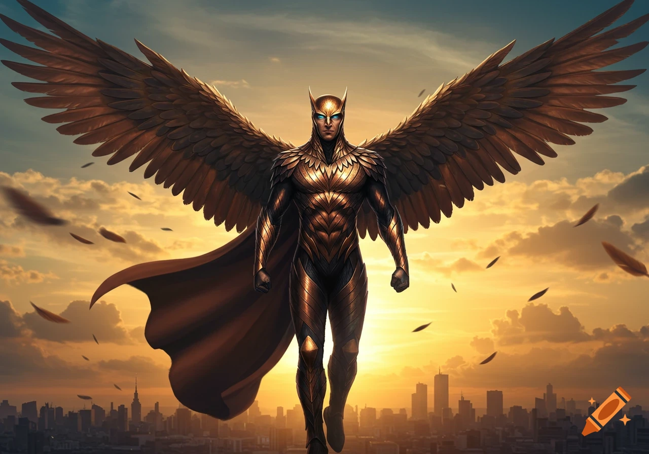 A majestic eagle-inspired superhero in golden armor and large wings stands above a city skyline at sunset.