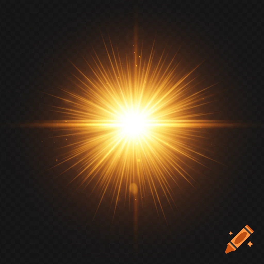 A bright golden sun-like light source with sharp, long rays emanating from its glowing center against a dark, transparent background.