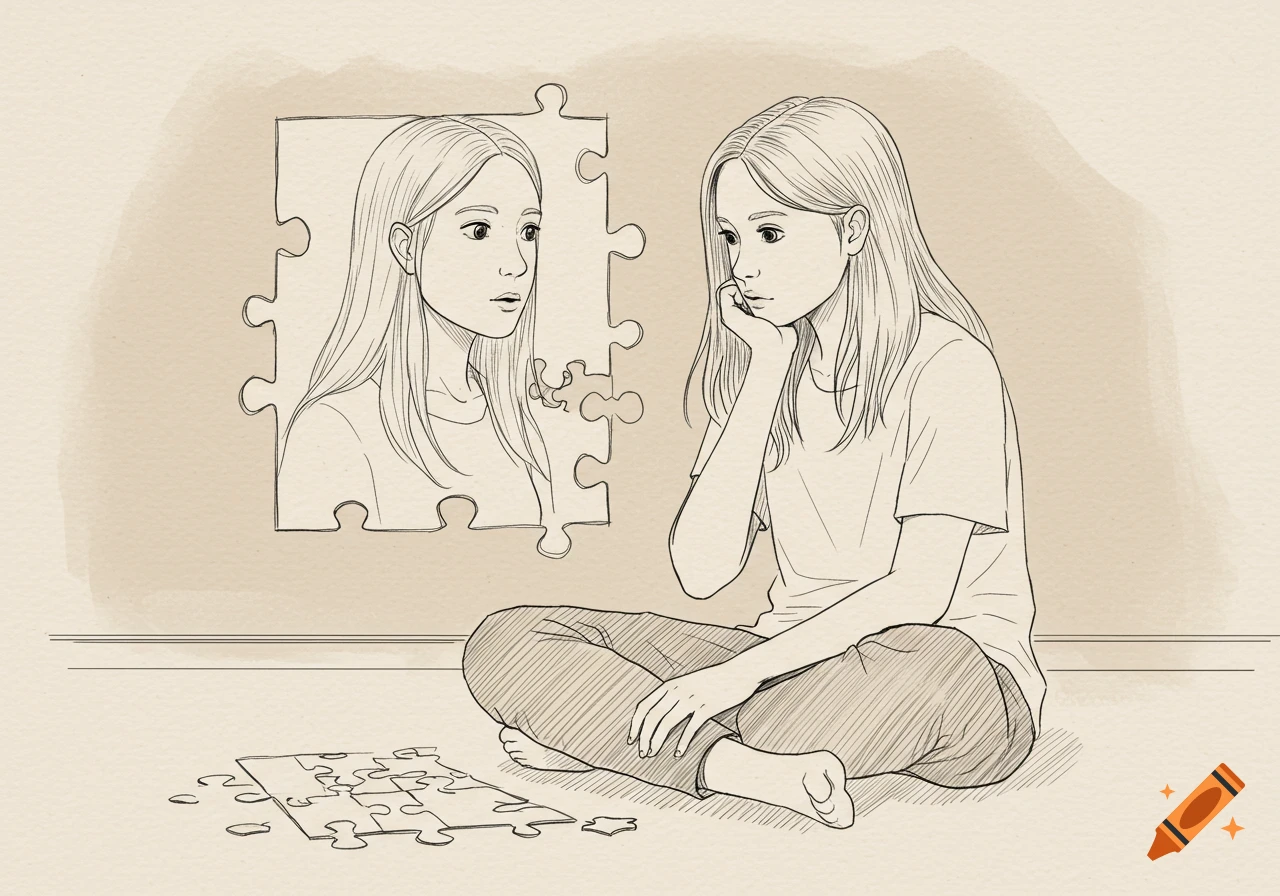 A sketch drawing of a girl sitting on the floor, contemplating a puzzle on the ground that depicts another girl's face. Beige background.