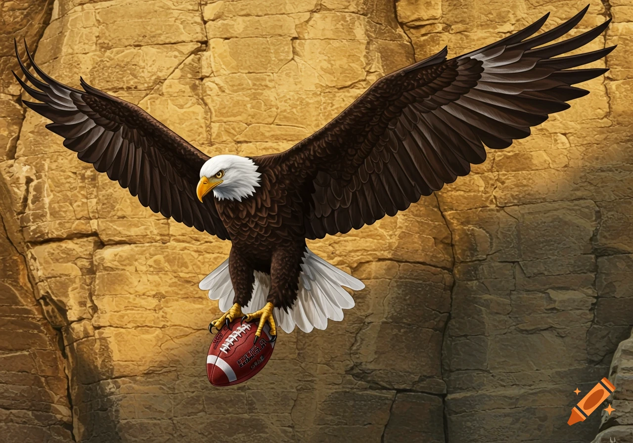 A majestic bald eagle with spread wings clutches a football in its talons, flying in front of a textured stone cliff face.