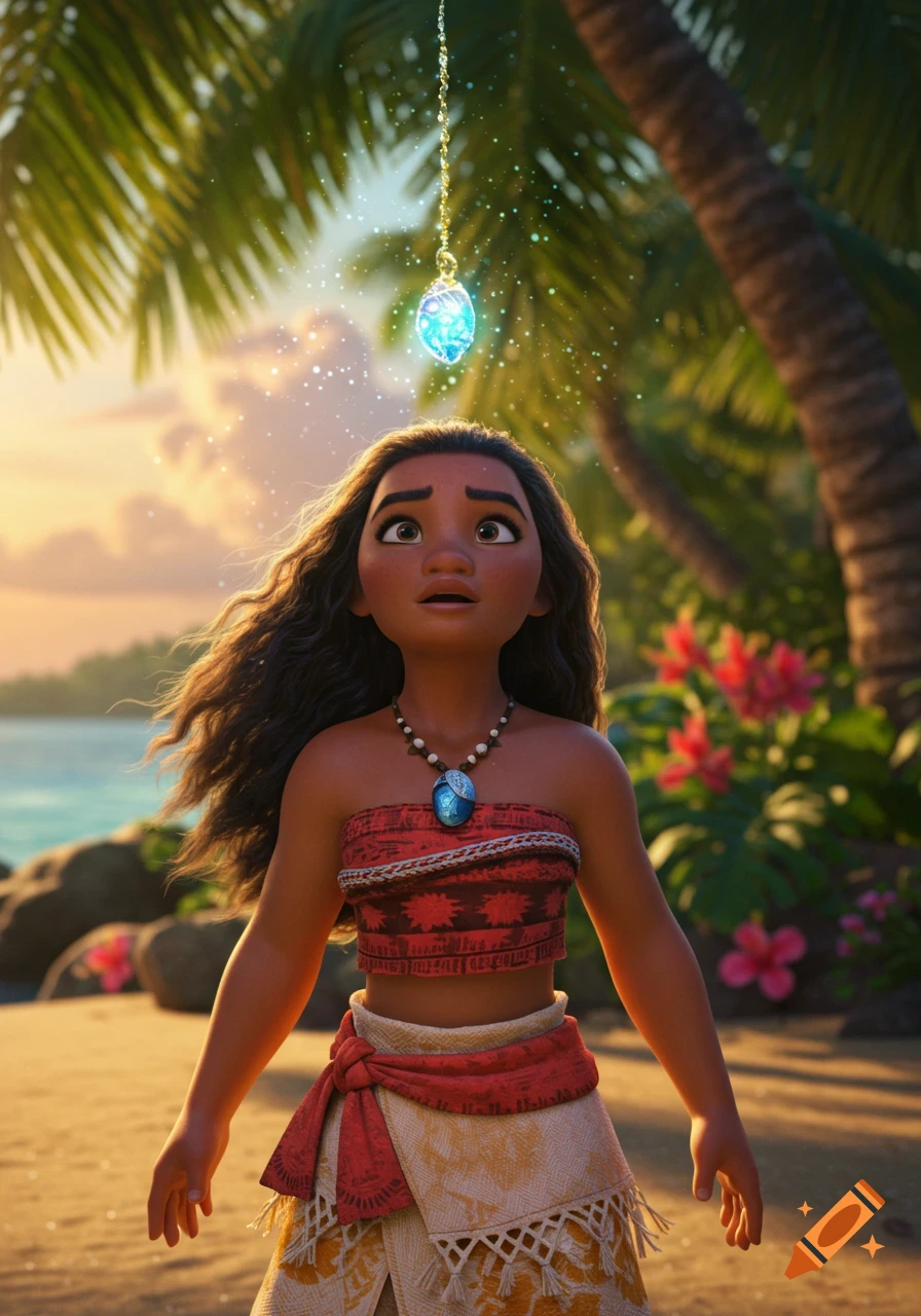 Moana gazes up at a glowing blue pendant suspended above her on a tropical beach at sunset, 3D animation.